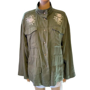 Womens Size L Army Green Military Utility Jacket Chores Snap Button Pocket Light